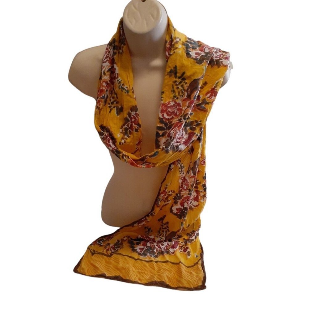 VTG Taraliya India Scarf Gold Pink Batik Roses Long Rectangular 76" x 14" - Picture 2 of 6